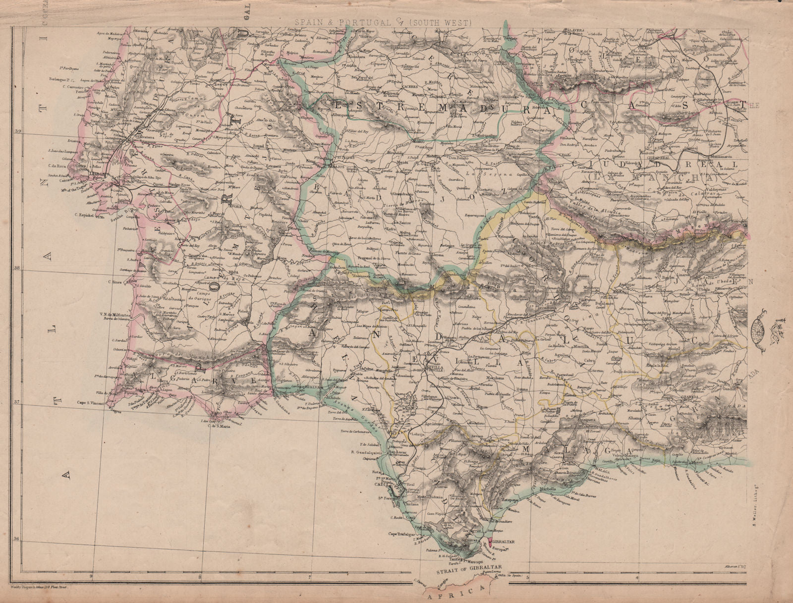 SW IBERIA Spain Portugal railways Cadiz-Cordoba Lisbon-Santarem.WELLER 1863 map